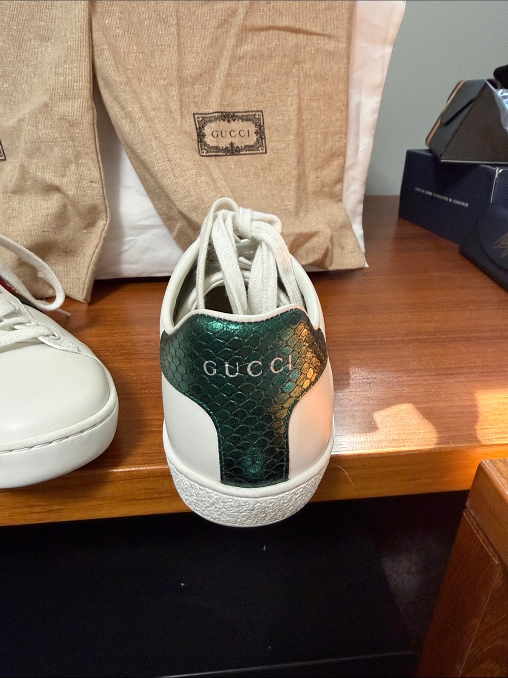 Gucci White Leather Sneakers with Green & Red Web and Gold Bee - Picture 2 of 7